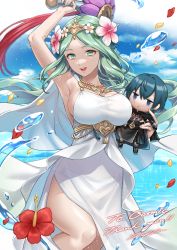 Rule 34 | 1boy, 1girl, absurdres, armor, bikini, bikini under clothes, blue eyes, blue hair, breasts, byleth (fire emblem), byleth (male) (fire emblem), cape, character doll, chibi, cleavage, closed mouth, commission, dress, dress swimsuit, fire emblem, fire emblem: three houses, flower, gloves, green eyes, green hair, hair flower, hair ornament, highres, holding, iria (yumeirokingyo), large breasts, long hair, matching hair/eyes, navel, nintendo, official alternate costume, open mouth, rhea (fire emblem), see-through, short hair, signature, smile, swimsuit, third-party source, tiara, white bikini