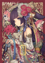 Rule 34 | 1girl, angelfish, animal ears, ascot, bare shoulders, bell, black hair, blue ribbon, blunt bangs, bow, brooch, chain, closed mouth, detached sleeves, expressionless, fish, floral background, flower, frilled sleeves, frills, hair bow, hair flower, hair ornament, holding, holding flower, holding ribbon, japanese clothes, jewelry, jingle bell, kamui natsuki, kimono, lace, long hair, original, purple eyes, red background, ribbon, sample watermark, signature, solo, spider lily, star (symbol), starry background, tassel, upper body, watermark, wide sleeves