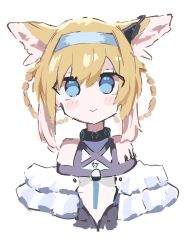 Rule 34 | 1girl, animal ear fluff, animal ears, arknights, blonde hair, blue eyes, blue hairband, blush, braided hair rings, closed mouth, commentary request, cropped torso, earpiece, fox ears, fox girl, hairband, highres, infection monitor (arknights), looking at viewer, simple background, smile, solo, suzuran (arknights), user mvyy7457, white background