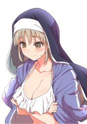 Rule 34 | arms under breasts, bikini, bikini top only, bikini under clothes, blue hoodie, blush, breasts, brown eyes, clearite, cleavage, closed mouth, collarbone, commentary, frilled bikini, frilled bikini top, frills, habit, hood, hoodie, large breasts, long hair, looking down, midriff, navel, nijisanji, nijisanji seeds, sister claire, sister claire (1st costume), solo, sweatdrop, swimsuit, swimsuit under clothes, virtual youtuber, white bikini