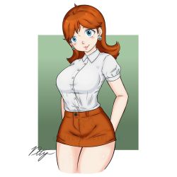 Rule 34 | 1girl, arms behind back, blue eyes, blush, breasts, draconety, earrings, highres, jewelry, large breasts, lips, mario (series), medium hair, miniskirt, nintendo, orange hair, parted bangs, princess daisy, puffy short sleeves, puffy sleeves, shirt, shirt tucked in, short sleeves, signature, skirt, smile, solo, twitter username, white shirt