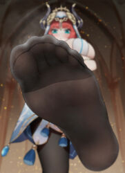 Rule 34 | 1girl, blue eyes, blurry, blush, depth of field, feet, genshin impact, highres, horns, long hair, looking at viewer, nilou (genshin impact), pantyhose, parted lips, pov, red hair, soles, toes, wd (1106592840)
