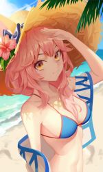 Rule 34 | 1girl, absurdres, animal ear fluff, animal ears, bare shoulders, beach, bikini, blue bikini, blue sky, blush, breasts, cleavage, closed mouth, collarbone, day, ears through headwear, fate/grand order, fate (series), fox ears, fox girl, hat, highres, large breasts, leavv, long hair, looking at viewer, navel, pink hair, shore, sky, smile, straw hat, swimsuit, tamamo (fate), tamamo no mae (fate/extra), tamamo no mae (swimsuit lancer) (fate), tamamo no mae (swimsuit lancer) (second ascension) (fate), tamamo no mae (swimsuit lancer) (third ascension) (fate), yellow eyes