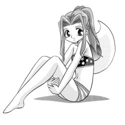 Rule 34 | 1girl, age difference, artist request, digimon, digimon adventure, female focus, hat, legs together, long hair, looking at viewer, monochrome, simple background, swimsuit, tachikawa mimi, white background