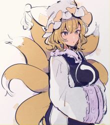Rule 34 | 1girl, animal ears, animal hat, blonde hair, dress, fox ears, fox tail, hands in opposite sleeves, hat, highres, mob cap, mozukuzu (manukedori), multiple tails, parted lips, short hair, sleeves past fingers, sleeves past wrists, solo, tabard, tail, touhou, white dress, white hat, wide sleeves, yakumo ran, yellow eyes