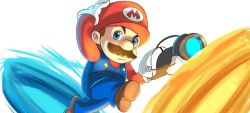 Rule 34 | 1boy, aperture science handheld portal device, blue eyes, brown hair, facial hair, gloves, gun, hat, looking at viewer, male focus, mari0, mario, mario (series), mustache, nintendo, overalls, portal (object), portal (series), portal 1, solo, weapon, white background, white gloves