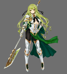 Rule 34 | 1girl, apt, armor, armored boots, boots, breasts, cape, center opening, full body, gloves, green eyes, green hair, grey background, gyakushuu no fantasica, highres, long hair, looking at viewer, medium breasts, official art, pauldrons, polearm, shoulder armor, simple background, smile, solo, spear, standing, underboob, weapon