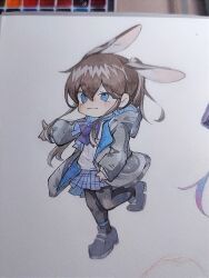 Rule 34 | 1girl, amiya (arknights), animal ears, arknights, ascot, black jacket, black pantyhose, blue eyes, blue skirt, brown hair, chibi, chinese commentary, closed mouth, commentary request, fanxingjiang, highres, jacket, long sleeves, miniskirt, painting (medium), pantyhose, puffy long sleeves, puffy sleeves, purple ascot, rabbit ears, rabbit girl, sidelocks, skirt, solo, sweater, thick eyebrows, traditional media, watercolor (medium), white sweater