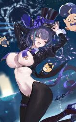 Rule 34 | 1girl, anchor ornament, animal ears, aqua eyes, arms up, azur lane, breast curtains, breasts, cheshire (azur lane), cheshire (the cat in the magic hat) (azur lane), covered navel, fake animal ears, fireworks, freng, hat, high heels, highres, large breasts, leotard, manjuu (azur lane), medium hair, meme attire, multicolored hair, neck ribbon, nontraditional playboy bunny, official alternate costume, one eye closed, playboy bunny, reverse bunnysuit, reverse outfit, ribbon, see-through, see-through leotard, shrug (clothing), smile, streaked hair, thigh strap, top hat