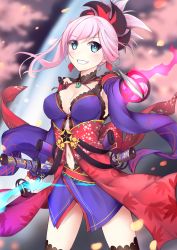 Rule 34 | 1girl, aqua eyes, black thighhighs, blush, breasts, cleavage, clothing cutout, commentary request, dress, dual wielding, earrings, fate/grand order, fate (series), glowing, hair ornament, highres, holding, jewelry, katana, kureha (angelite), leaf print, long hair, looking at viewer, maple leaf print, miyamoto musashi (fate), miyamoto musashi (third ascension) (fate), navel, navel cutout, pink hair, smile, solo, sword, thighhighs, weapon