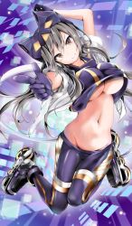 Rule 34 | 1girl, black hair, bouncing breasts, breasts, brown eyes, crop top, duel monster, full body, gloves, highres, i:p masquerena, jumping, kuromiko shoujo, large breasts, midriff, navel, pants, pointing, pointing at viewer, ponytail, purple pants, purple shirt, roller skates, shirt, skates, smile, solo, underboob, yu-gi-oh!