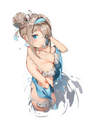 Rule 34 | 1girl, alternate hairstyle, anmi, ass, bare shoulders, bikini, blue eyes, blue hairband, blush, breasts, brown hair, butt crack, cleavage, closed mouth, collarbone, commentary request, dated, derivative work, earrings, frilled bikini, frills, girls&#039; frontline, hair between eyes, hair bun, hair ornament, hairband, halterneck, hand on own head, highres, jewelry, looking at viewer, medium breasts, official alternate costume, ripples, shawl, shell, shell earrings, short hair, side bun, sidelocks, signature, single side bun, smile, snowflake hair ornament, solo, suomi (girls&#039; frontline), suomi (midsummer pixie) (girls&#039; frontline), swimsuit, tagme, wading, wet, white background, white bikini
