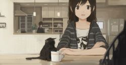 Rule 34 | 2girls, absurdres, arm support, black cat, blurry, brown eyes, brown hair, cat, commentary, cup, depth of field, highres, indoors, kitchen, kitten, long hair, looking at viewer, multiple girls, muted color, original, plant, potted plant, refrigerator, roomscape, shion (mirudakemann), short hair, smile, sonic youth, teacup
