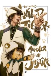 Rule 34 | 10s, 1boy, animalization, bracelet, brown eyes, brown hair, cabbie hat, dual persona, english text, facial hair, fundoshi (tofupoid), hat, jewelry, kaburagi t. kotetsu, male focus, multiple views, necktie, pointing, realistic, short hair, stubble, tiger, tiger &amp; bunny, vest, waistcoat, watch, white background, wristwatch