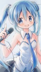Rule 34 | 1girl, absurdres, adapted costume, bad id, bad twitter id, bare shoulders, black skirt, blouse, blue eyes, blue hair, blue nails, blue necktie, blush, commentary, detached collar, hair ornament, hatsune miku, highres, hitode, holding, holding microphone, light blush, long hair, microphone, nail polish, necktie, open mouth, pleated skirt, shirt, skirt, solo, strapless, strapless shirt, twintails, upper body, very long hair, vocaloid, white shirt