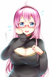 Rule 34 | 1girl, bespectacled, blue eyes, blue nails, breasts, cleavage, female focus, flying sweatdrops, glasses, japanese text, large breasts, long hair, long sleeves, matatabi dango, megurine luka, meme attire, nail polish, open-chest sweater, open mouth, pink hair, red-framed eyewear, simple background, solo, sweatdrop, sweater, text focus, translation request, turtleneck, upper body, very long hair, vocaloid, white background