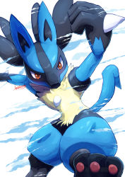 Rule 34 | commentary request, creatures (company), furry, game freak, gen 4 pokemon, highres, lucario, nintendo, orange eyes, pokemon, pokemon (creature), signature, solo, spikes, tanpakuroom, toes, white background, yellow fur