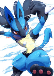 commentary_request creatures_(company) furry game_freak gen_4_pokemon highres lucario nintendo orange_eyes pokemon pokemon_(creature) signature solo spikes tanpakuroom toes white_background yellow_fur