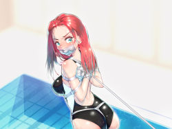 Rule 34 | 1girl, arms behind back, bare shoulders, bound, breasts, crying, green eyes, hidden (pixiv 46421548), long hair, looking back, original, pool, red hair, swimsuit, tears, tied up, water
