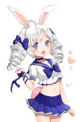 Rule 34 | 10s, 1girl, :d, ahoge, animal ears, bad id, bad pixiv id, blade &amp; soul, blue eyes, rabbit ears, canape (canape0130), choker, curly hair, drill hair, long hair, lyn (blade &amp; soul), midriff, navel, open mouth, pleated skirt, silver hair, skirt, smile, solo, tail, twintails