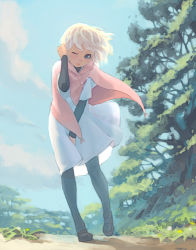 Rule 34 | 1girl, blonde hair, blue eyes, dress, female focus, full body, lowres, nature, original, outdoors, pantyhose, plant, short hair, sky, solo, thighhighs, weno, weno&#039;s blonde original character, wind, wink
