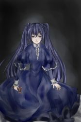 Rule 34 | 1girl, blank stare, blue dress, blue eyes, blue hair, commentary, dress, empty eyes, evillious nendaiki, expressionless, frilled dress, frills, gavel, hair ribbon, hatsune miku, heartbeat clocktower (vocaloid), highres, long hair, looking at viewer, matryoshka-ruth, pale skin, ribbon, simple background, solo, twintails, very long hair, vocaloid