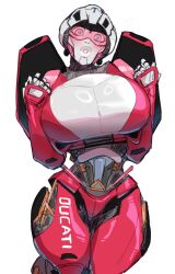 Rule 34 | 1girl, arcee, breasts, female focus, grin, helmet, highres, huge breasts, lightsource, looking at viewer, robot, robot girl, smile, solo, teeth, thick lips, thick thighs, thighs, transformers, w arms, wide hips
