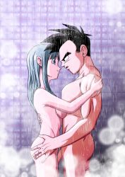 Rule 34 | 1boy, 1girl, ass, black hair, blue eyes, blue hair, bra (dragon ball), breasts, chibidam&rsquo;z, dragon ball, dragon ball gt, face-to-face, grin, hand on back, hand on own hip, highres, hug, imminent penetration, long hair, looking at another, nude, sexually suggestive, shower, smile, son goten, standing, wet