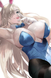Rule 34 | 1girl, animal ears, asuna (blue archive), asuna (bunny) (blue archive), bare shoulders, blazpu, blue archive, blue leotard, blush, bow, bowtie, breasts, cleavage, fake animal ears, gloves, hair over one eye, highres, large breasts, leotard, light brown hair, long hair, looking at viewer, mole, mole on breast, pantyhose, playboy bunny, smile, solo, strapless, strapless leotard, thighs, tongue, tongue out, traditional bowtie, v, white gloves