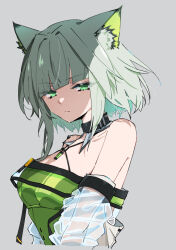 Rule 34 | 1girl, animal ear fluff, animal ears, arknights, bare shoulders, breasts, cat ears, citron80citron, closed mouth, commentary, dress, green dress, green eyes, green hair, grey hair, jacket, kal&#039;tsit (arknights), looking at viewer, narrowed eyes, off shoulder, short hair, simple background, solo, white hair