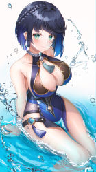 Rule 34 | 1girl, bare arms, bare shoulders, black hair, blue one-piece swimsuit, blunt bangs, braid, breasts, cleavage, closed mouth, collarbone, earrings, genshin impact, gradient hair, green eyes, highres, jewelry, large breasts, looking at viewer, mole, mole on breast, multicolored hair, one-piece swimsuit, resolution mismatch, short hair, sitting, solo, source smaller, ssong2, swimsuit, tassel, thighs, vision (genshin impact), water, wet, yelan (genshin impact)