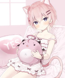 Rule 34 | 1girl, :&lt;, animal ear fluff, animal ears, barefoot, black eyes, blush, capriccio, cat ears, cat girl, cat tail, child, closed mouth, collarbone, commentary, creature, extra ears, hair between eyes, hair ornament, hairclip, indoors, looking at viewer, original, pink hair, short hair, sitting, solo, strap slip, tail, yes, yes-no pillow
