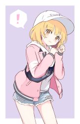 Rule 34 | 1girl, ?, baseball cap, blonde hair, blush, border, chieru (princess connect!), chieru (real) (princess connect!), clenched hands, closed mouth, commentary request, cowboy shot, denim, denim shorts, fanny pack, frown, hand in own hair, hands up, hat, head tilt, highres, hood, hoodie, jacket, looking at viewer, onigiri noe, outside border, pink jacket, princess connect!, short hair, short shorts, shorts, solo, spoken question mark, star (symbol), star in eye, sweatdrop, symbol in eye, torn clothes, torn shorts, white border, white hat, white hoodie, yellow eyes