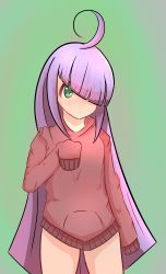 Rule 34 | 1girl, absurdres, ahoge, blunt bangs, bottomless, breasts, cowboy shot, eyelashes, female focus, green background, green eyes, hair over one eye, head tilt, highres, hime cut, long hair, long sleeves, looking at viewer, original, purple hair, red sweater, sidelocks, simple background, small breasts, solo, standing, sweater, theartistaurora, thighs, very long hair, very long sleeves