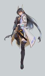 Rule 34 | 1girl, black hair, blue eyes, boots, fram berge, gloves, gun, hair ornament, holding, holding weapon, long hair, looking to the side, lord of heroes, machamyo, pale skin, pointy ears, rifle, thigh boots, thighhighs, weapon
