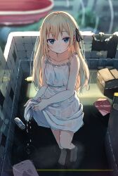 Rule 34 | 1girl, bare arms, bare shoulders, barefoot, black ribbon, blonde hair, blue eyes, blurry, blurry background, blush, closed mouth, commentary request, depth of field, dress, enuni, hair between eyes, hair ribbon, highres, long hair, looking at viewer, original, ribbon, sleeveless, sleeveless dress, solo, standing, very long hair, wading, wet, wet clothes, wet dress, white dress, wringing clothes