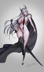 Rule 34 | absurdres, armpits, black thighhighs, breasts, bright pupils, cape, demon girl, full body, grey background, grey eyes, grey hair, highres, holding, holding sword, holding weapon, horns, huge breasts, long hair, navel, original, partially visible vulva, pubic tattoo, reverse grip, signature, slingshot swimsuit, succubus queen (tangerine), swimsuit, sword, tangerine (dudu), tattoo, thighhighs, very long hair, weapon, white pupils, wide hips