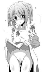 Rule 34 | 1girl, :o, artist request, blush, bottomless, clothes lift, dress, dress lift, greyscale, heart, heart-shaped pupils, monochrome, navel, oda nobuna no yabou, onmyouji, open mouth, pee, peeing, solo, symbol-shaped pupils, takenaka hanbee (oda nobuna no yabou), twintails