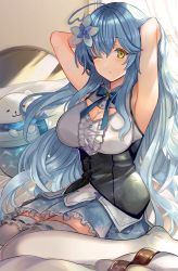 Rule 34 | 1girl, ahoge, armpits, arms behind head, arms up, belt, unworn belt, black corset, blouse, blue bow, blue bowtie, blue hair, blue skirt, bow, bowtie, breasts, center frills, cleavage, cleavage cutout, clothing cutout, corset, daifuku (yukihana lamy), flower, frilled shirt, frilled skirt, frilled thighhighs, frills, hair between eyes, hair down, hair flower, hair ornament, hands in hair, heart, heart ahoge, highres, hololive, large breasts, long hair, looking at viewer, miniskirt, no shoes, on bed, one eye closed, shibaebi (yasaip game), shirt, sitting, skirt, sleeveless, sleeveless shirt, snowflake print, solo, stretching, thighhighs, tying hair, underbust, very long hair, virtual youtuber, waking up, white shirt, white thighhighs, yellow eyes, yukihana lamy