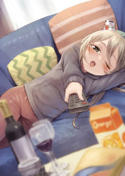 Rule 34 | 1girl, absurdres, aiming, aiming at viewer, alcohol, blush, bottle, brown eyes, controller, cup, drinking glass, foreshortening, grey shirt, hat, highres, holding, holding remote control, honmakaina kudou, juice, kantai collection, light brown hair, long hair, long sleeves, mini hat, one eye closed, open mouth, orange juice, pants, pola (kancolle), red pants, red wine, remote control, shirt, solo, white hat, wine, wine bottle, wine glass
