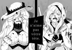 Rule 34 | 2girls, abyssal ship, beret, blood, blood from mouth, blood on clothes, blood on face, breasts, clenched hand, dress, fang, french battleship princess, french text, fujinoki (horonabe-ken), greyscale, hair over one eye, hat, injury, kantai collection, large breasts, long hair, mole, mole under eye, monochrome, multiple girls, open mouth, richelieu (kancolle), rigging, scarf, sun hat, teeth, upper body, very long hair