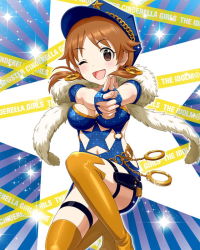 Rule 34 | 10s, 1girl, alternate costume, artist request, brown eyes, brown hair, cuffs, earrings, feather boa, finger gun, fingerless gloves, gloves, handcuffs, hat, idolmaster, idolmaster cinderella girls, jewelry, katagiri sanae, official art, one eye closed, peaked cap, smile, solo, sparkle, thighhighs, twintails