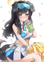 Rule 34 | 1girl, animal ears, arm tattoo, ass, black hair, blue archive, blue eyes, blunt bangs, blurry, bottle, breasts, cheerleader, cleavage, commentary request, confetti, depth of field, detached collar, dog ears, dog girl, dog tail, eyewear on head, facial tattoo, halo, hibiki (blue archive), hibiki (cheer squad) (blue archive), highres, holding, holding bottle, long hair, looking at viewer, medium breasts, millennium cheerleader outfit (blue archive), navel, official alternate costume, ohbuya, plastic bottle, pleated skirt, ponytail, sidelocks, simple background, sitting, skirt, solo, star tattoo, stomach, sunglasses, tail, tattoo, white background