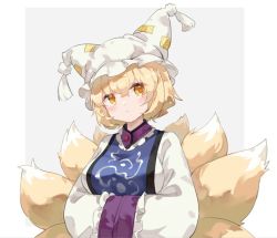 Rule 34 | 1girl, animal hat, blonde hair, blue tabard, border, closed mouth, dress, fox girl, fox tail, frilled dress, frills, grey background, hat, long sleeves, looking at viewer, mob cap, nejikyuu, short hair, simple background, solo, tabard, tail, touhou, upper body, white border, white dress, white hat, yakumo ran, yellow eyes
