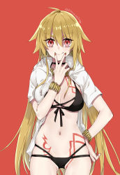Rule 34 | &gt;:), 1girl, 88 (einnimnech), absurdres, adapted costume, bikini, black bikini, black choker, black ribbon, blush, bracelet, breasts, brown hair, choker, cleavage, cowboy shot, drawstring, fate/stay night, fate (series), front-tie bikini top, front-tie top, genderswap, genderswap (mtf), gilgamesh-ko, gilgamesh (fate), gluteal fold, hair between eyes, hand on own hip, highres, jacket, jewelry, large breasts, long hair, looking at viewer, nail polish, navel, official alternate costume, open clothes, open jacket, red nails, ribbon, short sleeves, sidelocks, simple background, smug, solo, stomach, swimsuit, tattoo, v-shaped eyebrows, very long hair, white jacket
