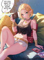 Rule 34 | 1girl, alternate costume, bare shoulders, black shirt, blush, braid, breasts, cleavage, closed mouth, english text, green eyes, holding, knee up, large breasts, mitsu (mitsu art), navel, nintendo, nintendo switch, pointy ears, princess zelda, shirt, short hair, short shorts, shorts, sitting, smile, solo, speech bubble, stomach, the legend of zelda, the legend of zelda: tears of the kingdom, thighs, wristlet