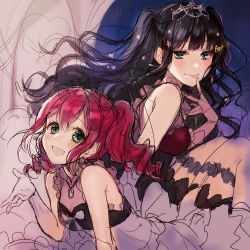 Rule 34 | 2girls, :d, absurdres, alternate hairstyle, aqua eyes, black hair, dress, drill hair, earrings, garter straps, gloves, green eyes, group name, hair ornament, hand to own mouth, highres, huge filesize, jewelry, kurosawa dia, kurosawa ruby, looking at viewer, love live!, love live! school idol festival, love live! sunshine!!, mole, mole under mouth, multiple girls, open mouth, red hair, siblings, sisters, sitting, sketch, smile, star (symbol), star hair ornament, sudach koppe, tiara, twin drills, two side up