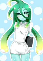 Rule 34 | 1girl, aqua skin, arms behind back, blush, buttons, closed mouth, colored sclera, commentary request, green eyes, green hair, green sclera, hair between eyes, holding, houshi, long hair, looking at viewer, monster girl, monster musume no iru nichijou, nurse, short sleeves, slime girl, smile, solo, standing, suu (monster musume), tentacle hair, very long hair
