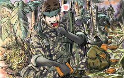 Rule 34 | ?, artist request, bandana, brown hair, caloriemate, camouflage, eating, food, forest, metal gear (series), metal gear solid 3: snake eater, naked snake, nature, soldier