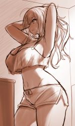 Rule 34 | 1girl, absurdres, armpits, arms up, camisole, cowboy shot, crop top, from side, highres, indoors, kay yu, long hair, midriff, monochrome, navel, original, pink-haired girl (kay yu), sepia, short shorts, shorts, solo, standing